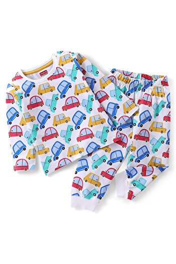 Babyhug Babyhug Cotton Knit Full Sleeves Cars Printed Night Suit - White