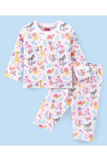Babyhug Babyhug Cotton Interlock Knit Full Sleeves Night Suit With Lion Print - White
