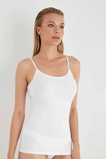 Sevim Women's White Cotton Thin Strap Long Tank Top