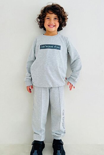 Breeze 5-10 Years Old Boy Tracksuit Set - Text Printed, Light Gray Melange