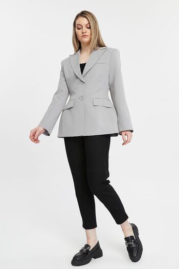 Bolivente Gray Regular Lined Double Breasted Closure Woven Blazer Jacket