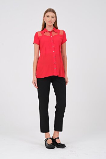 BUSA Short Sleeve Maternity Neck Tulle Detail Shirt - Red