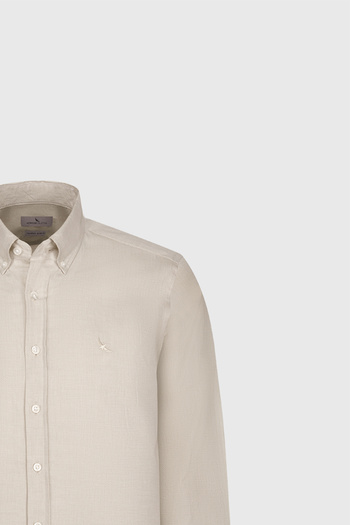 ALTINYILDIZ CLASSICS Ανδρικό μπεζ 100% βαμβακερό πουκάμισο Oxford Slim Fit με γιακά με κουμπιά διαγώνιο σχέδιο