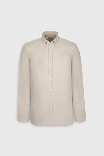ALTINYILDIZ CLASSICS Ανδρικό μπεζ 100% βαμβακερό πουκάμισο Oxford Slim Fit με γιακά με κουμπιά διαγώνιο σχέδιο