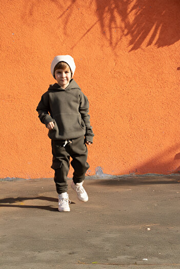 Catz Kids Khaki 3 Thread Raised Hooded Tracksuit Set