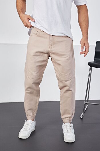 LTC Jeans Men's Beige Baggy Fit Pieced Knee and Elastic Leg Trousers