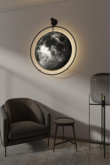 Wallover Design Moonglass (KABLOSUZ PİLLİ LEDLİ) Lüx Dolunay Ledli Tablo - Modern Metal Camlı Tablo