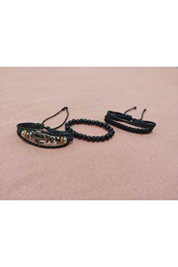 asya stil Leather Bracelet Anchor Figured Set of Three
