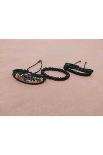 asya stil Leather Bracelet Anchor Figured Set of Three