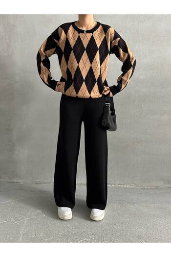 Lusin Women's Black Diamond Pattern Sweater Blouse Pants Bottom Top Double Knitwear Set
