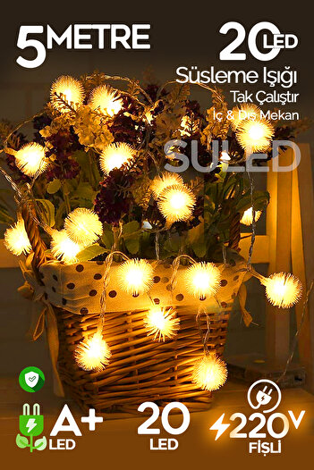SULED Kartopu Led Süs Işık 4 Metre 20 Led 220V Fişli Süsleme Işığı Gün Işığı Dekorasyon İç ve Dış Mekan