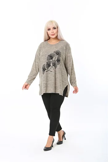tıgersıze Plus Size Women's Soft Flock Printed Soft Fabric Sweater