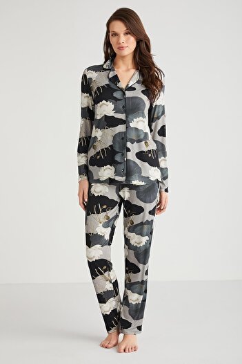 Penyemood Women's Long Sleeve Front Button Smoked Pajamas Suit C7T2N7O9