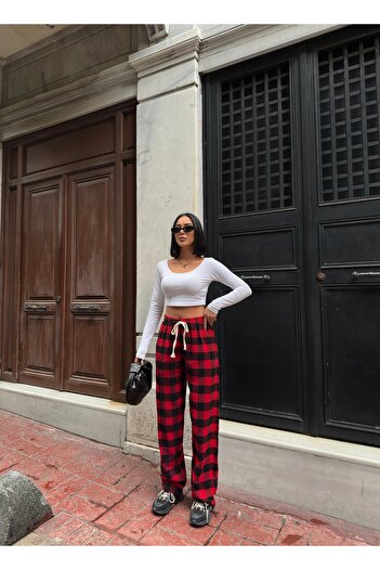 RE7EDİ Red Black Harajuku Square Pattern Unisex Sleepwear Tracksuit