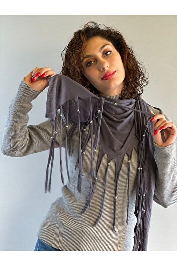Gönülden Tasarım Silver Color Beaded Smoked Combed Combed Tasseled Women's Scarf Shals 180X55 cm