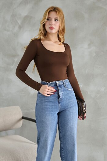 modavingo Women's Brown Square Neck Front Double Layer Polyemid Body Kry7778
