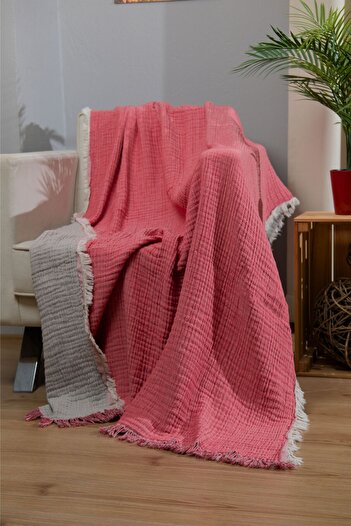 Caymoon Muslin 4 Layer 100% Cotton Sofa Shawl Tv Blanket 130 X 190 cm Double Color Red Gray