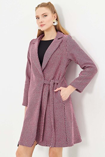 armonika Women's Pink Side Tie Striped Pocket Long Stamp Coat Arm-25K 001039