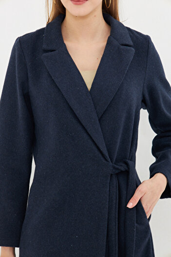 armonika Women's Navy Blue Side Tie Long Stamp Coat Arm-24K 001068