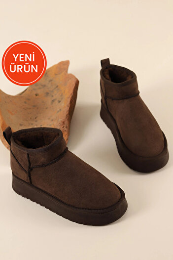Morlex KADIN ACI KAHVERENGİ SÜET İÇİ KÜRKLÜ KALIN TABAN TOPUKLU BİLEKTE KISA KADIN BOT & BOOTİE