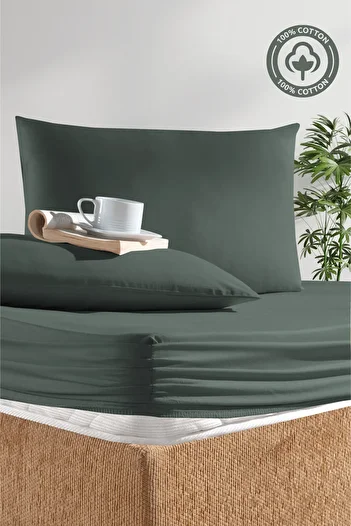 CEMETEKS FİRUZE 100% Cotton Green Single Ranforce Fabric Fitted Sheet Pillowcases Set /100X200/120X200/