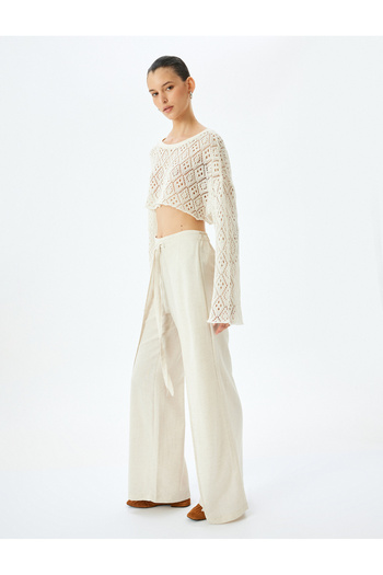 Koton High Waist Double Breasted Detailed Side Slit Linen Blend Trousers