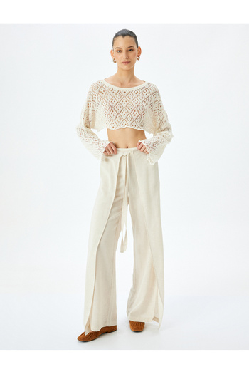 Koton High Waist Double Breasted Detailed Side Slit Linen Blend Trousers