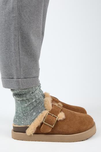 Manijero (Zeta 2 Furry Platform) Women's Genuine Leather Belted Buckle Sabo Tan Slippers