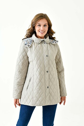 Butik Plus Size Hooded and Patterned Zippered Quilted Coat Jacket