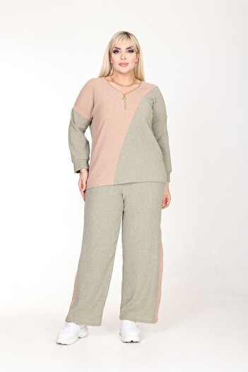 MJORA Color Block Collar Zippered Wrap Bottom-Top Set