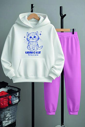 MYADA Premium Cute Cat Drawing Printed Bottom Top Tracksuit Set 22946