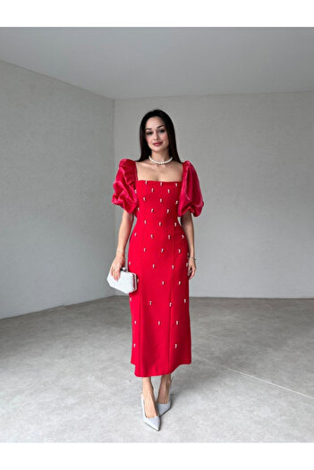 Afiş Butik Red Pearl Embroidered Balloon Sleeve Long Evening Dress