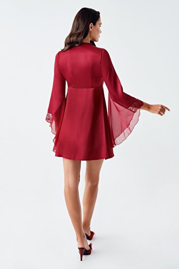 İmaj Image 104 Burgundy Color Satin Spanish Sleeves 2-Piece Nightgown Set