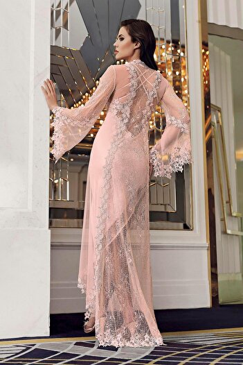 İmaj İmaj 5200 Powder Color Satin Lace Asymmetrical 2-Piece Nightgown Set