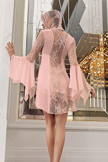 İmaj Image 5201 Powder Color Satin Tassel and Hooded 4-Piece Nightgown Set