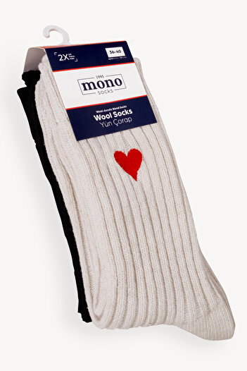 Mono Socks 2-Piece Heart Embroidered Thick Winter Wool Socks