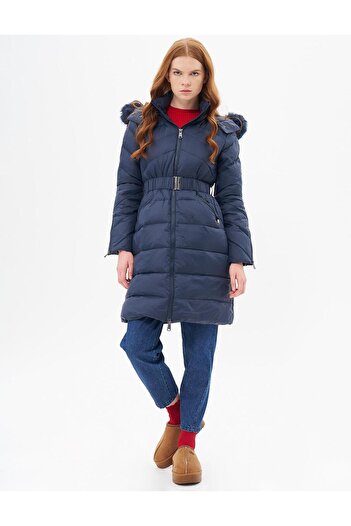 Kayra Zippered Pocket Detailed Goose down Coat Navy Blue