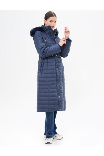 Kayra Diamond Patterned Faux Fur Anorak Coat Dark Navy Blue