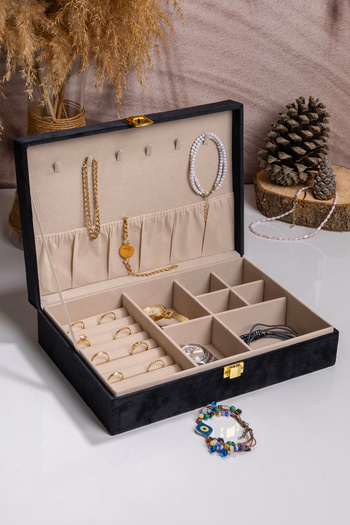 Ecrou Multi Compartment Black Velvet Jewelry Accessory Box Organizer Organizer 28 X 19 X 7 cm