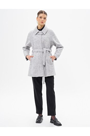Kayra Gray Coat with Pocket Detail and Belt