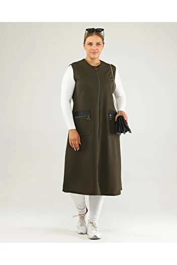 Ferace Large Size Khaki Long Vest - Leather Pocket