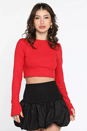 GÜLSELİ Red Women's Crew Neck Sleeve Window Camisole Crop Top Blouse