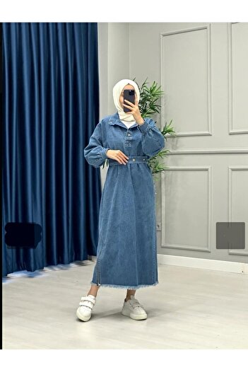OlaLady Women's Zipper Detailed Hem Tassel Long Denim Jeans Dress