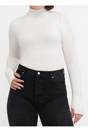 MADAM SHİLA Λευκό Darkalıp Slimfit Βαμβακερό Half Turtlenecek Finger Detail Μπλούζα μακρυμάνικη μπλούζα Interlock