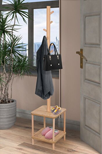 Evnalia 8 Askılı Portmanto Komodinli Ayakkabılık Vestiyer Naturel Ağaç Antre Ev Ofis 170x35x35 Cm