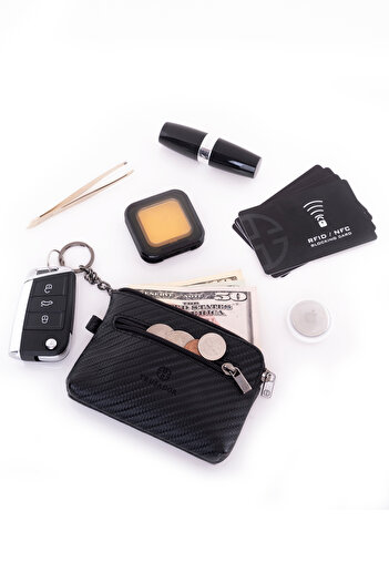 Trusador Milano Carbon Fermuarlı Mini Boy Kese Cüzdan Unisex Hakiki Deri Rfid Korumalı Karbon
