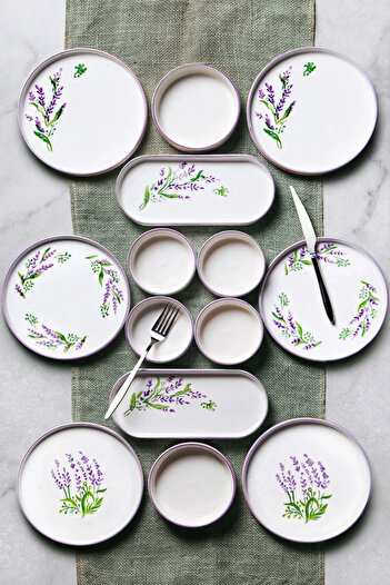 AGR Concept Lavender 6-Person Stackable Breakfast Set - 14 Pieces, Luxury Presentation Set Plate