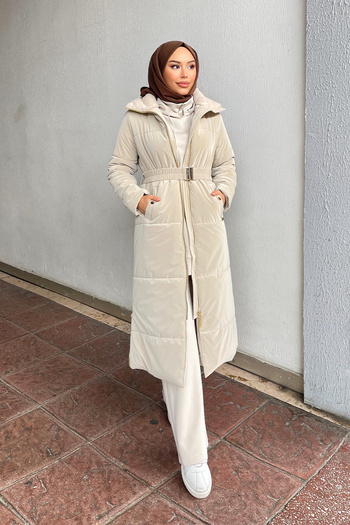 Minel Beige Belted Women's Puffer Coat 029