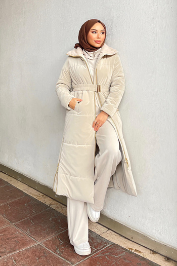 Minel Beige Belted Women's Puffer Coat 029