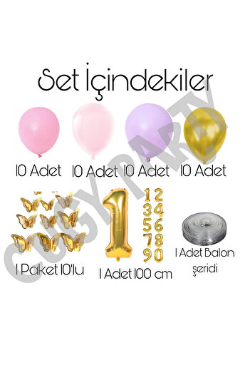 CUGY MOR BALON ALTIN KELEBEK DETAYLI YAŞ SEÇENEKLİ KIZ DOĞUM GÜNÜ SÜSÜ PARTİ SETİ